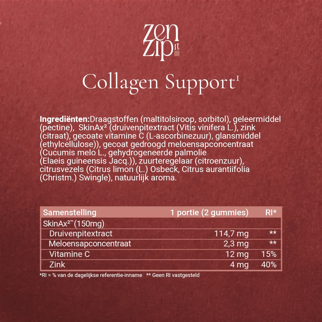 Ingrediënten- en samenstellingstabel van ZenZip-it Collagen Support met SkinAx²™, druivenpitextract, meloensapconcentraat, vitamine C en zink