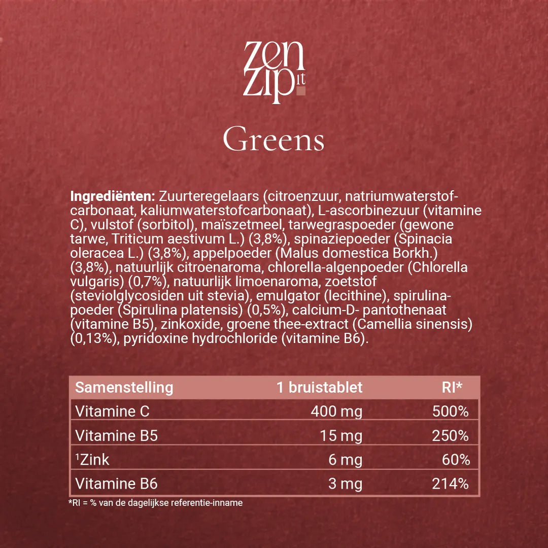Ingrediënten- en samenstellingstabel van ZenZip-it Greens met o.a. spinaziepoeder, spirulina, vitamine C, B5, B6 en zink voor natuurlijke energie en weerstand