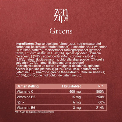 Ingrediënten- en samenstellingstabel van ZenZip-it Greens met o.a. spinaziepoeder, spirulina, vitamine C, B5, B6 en zink voor natuurlijke energie en weerstand